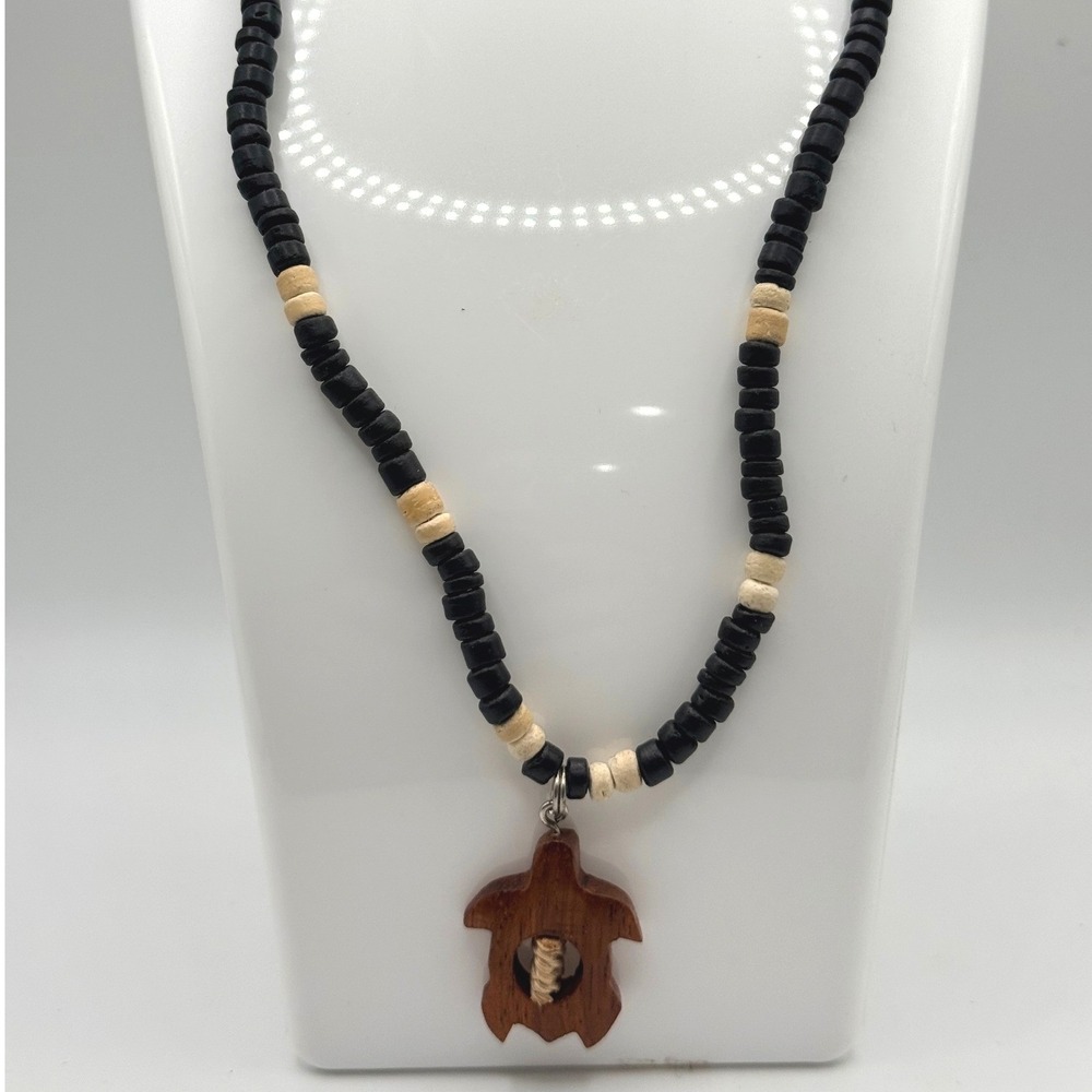Handmade Wooden Sea Turtle Pendant Beaded Necklace Black Cream 16 Inch